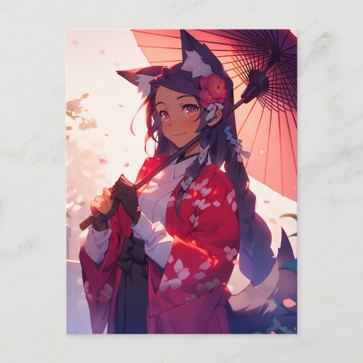 Anime Kitsune Meisje Leuke Fox Fantasy Kunst Briefkaart (Voorkant)