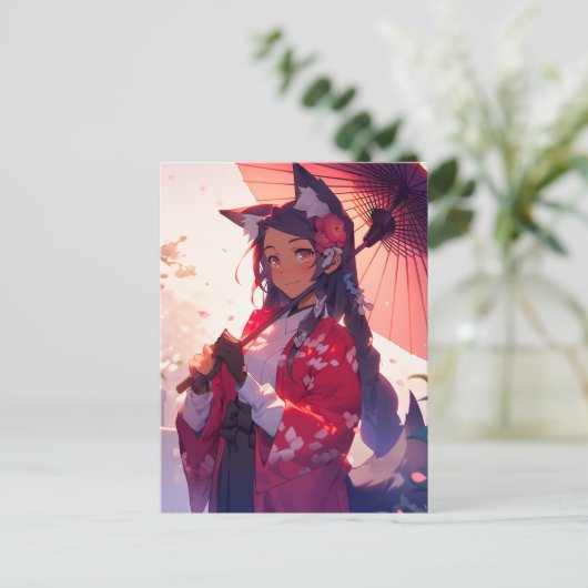 Anime Kitsune Meisje Leuke Fox Fantasy Kunst Briefkaart (Staand voorkant)