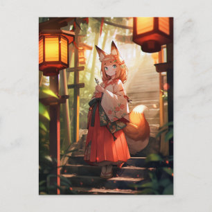 Anime Kitsune Meisje Leuke Fox Fantasy Kunst Briefkaart