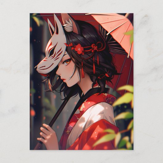 Anime Kitsune Meisje Leuke Fox Fantasy Kunst Briefkaart (Voorkant)