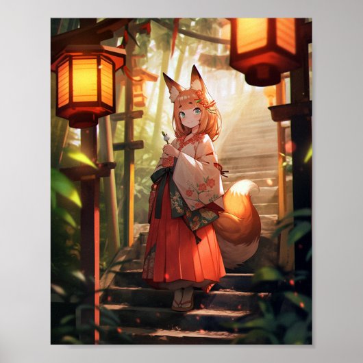 Anime Kitsune Meisje Leuke Fox Fantasy Kunst Poster (Voorkant)