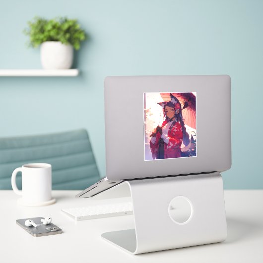 Anime Kitsune Meisje Leuke Fox Fantasy Kunst Sticker (Laptop op bureau)