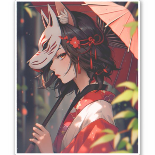 Anime Kitsune Meisje Leuke Fox Fantasy Kunst Sticker (Voorkant)