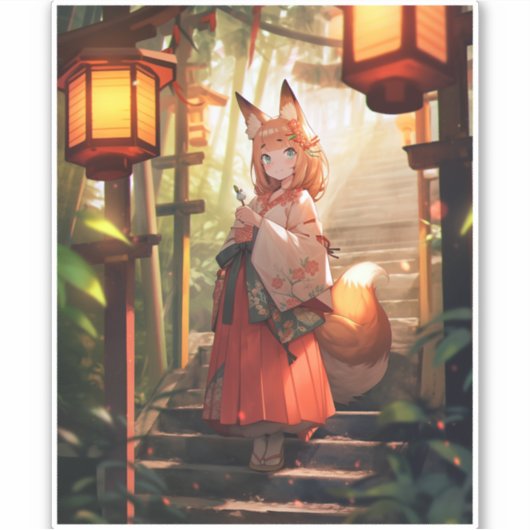 Anime Kitsune Meisje Leuke Fox Fantasy Kunst Sticker (Voorkant)
