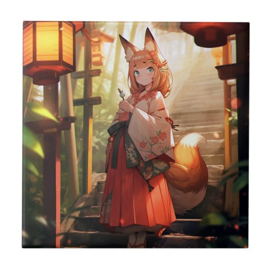 Anime Kitsune Meisje Leuke Fox Fantasy Kunst Tegeltje (Voorkant)
