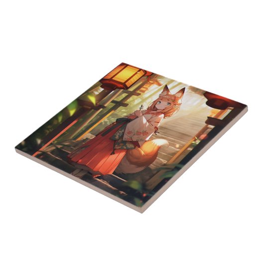 Anime Kitsune Meisje Leuke Fox Fantasy Kunst Tegeltje (Zijkant)