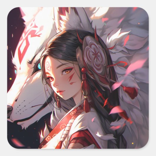 Anime Kitsune Meisje Leuke Fox Fantasy Kunst Vierkante Sticker (Voorkant)