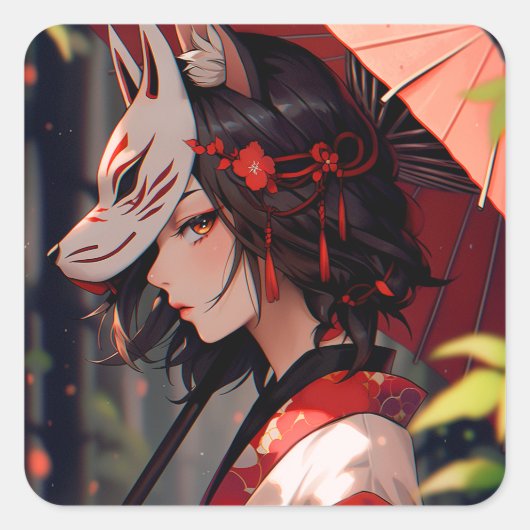 Anime Kitsune Meisje Leuke Fox Fantasy Kunst Vierkante Sticker (Voorkant)