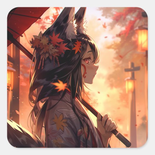 Anime Kitsune Meisje Leuke Fox Fantasy Kunst Vierkante Sticker (Voorkant)