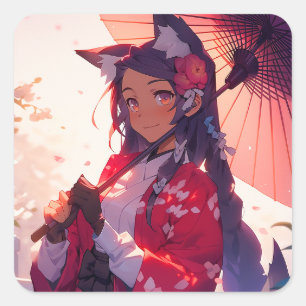 Anime Kitsune Meisje Leuke Fox Fantasy Kunst Vierkante Sticker