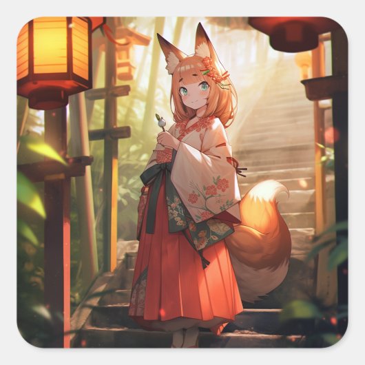 Anime Kitsune Meisje Leuke Fox Fantasy Kunst Vierkante Sticker (Voorkant)