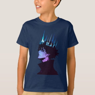 Anime Koning Gotische Mannelijke Portret met Blauw T-shirt