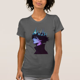 Anime Koning Gotische Mannelijke Portret met Blauw T-shirt