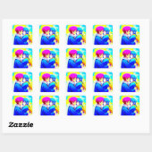 Anime Koppel knuffelen roze en blauw Vierkante Sticker (Vel)