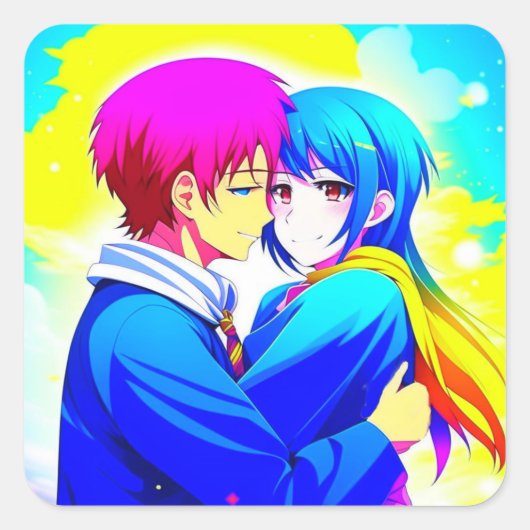 Anime Koppel knuffelen roze en blauw Vierkante Sticker (Voorkant)