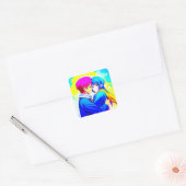 Anime Koppel knuffelen roze en blauw Vierkante Sticker (Envelop)