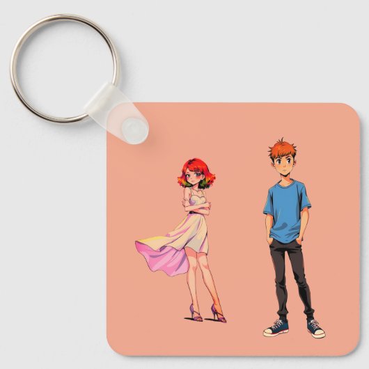 Anime Koppel Vierkante Sleutelhanger - (Voorkant)