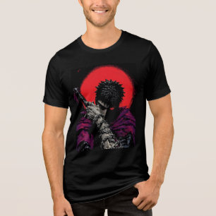 Anime Krijger Rode Maan Zwaard Knuffel Kunst Tri-Blend Shirt
