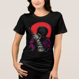 Anime Krijger Rode Maan Zwaard Knuffel Kunst Tri-Blend Shirt