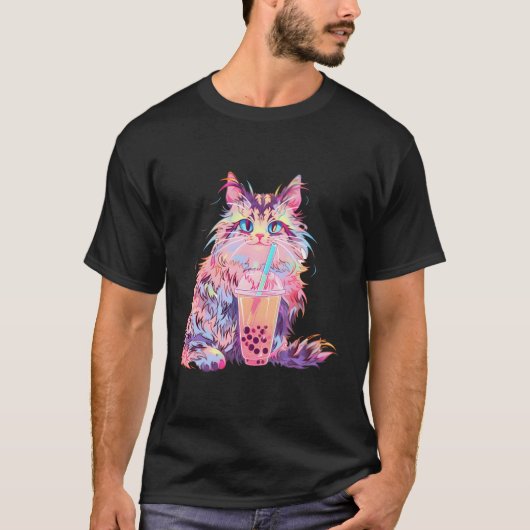 Anime Maine Coon Cat Boba Drink Kawaii Kat Bubbl T-shirt (Voorkant)