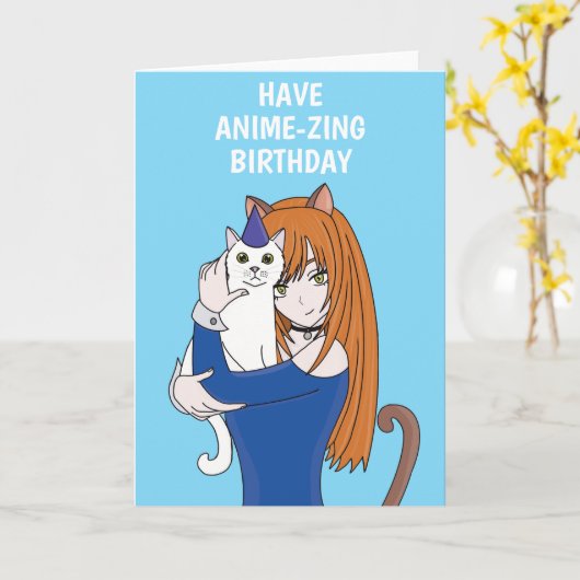Anime Manga Cat Girl Birthday Card Kaart (Gele Bloem)