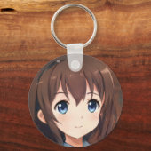 Anime manga glimlachend meisje bruin haar blauwe o sleutelhanger (Voorkant)