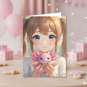 Anime Meisje' Axolotl Verjaardag met Kleurplaat Kaart