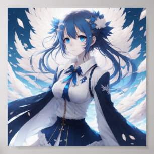 Anime meisje blauw en wit artwork Poster