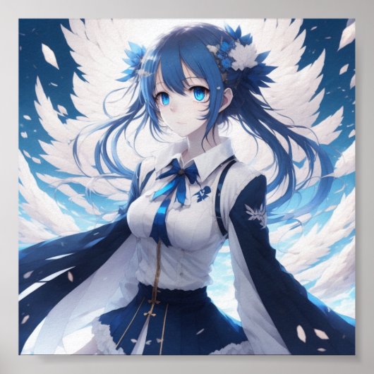 Anime meisje blauw en wit artwork Poster (Voorkant)