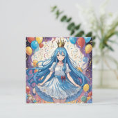 Anime Meisje Blauw Verjaardag Uitnodiging (Staand voorkant)