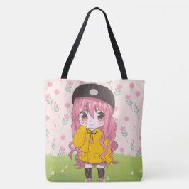 Anime meisje blij met bloemen tote bag
