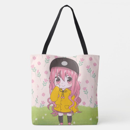 Anime meisje blij met bloemen tote bag (Achterkant)