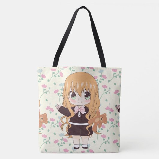 Anime meisje blij met bloemen tote bag (Voorkant)