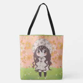 Anime meisje blij met bloemen tote bag