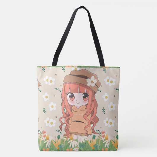 Anime meisje blij met bloemen tote bag (Voorkant)