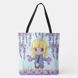 Anime meisje blij met bloemen tote bag