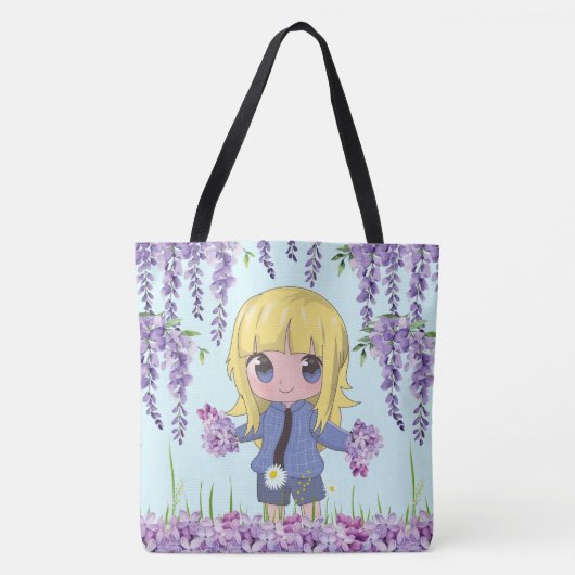 Anime meisje blij met bloemen tote bag (Voorkant)
