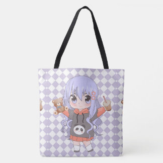 Anime meisje blij met bloemen tote bag