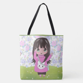 Anime meisje blij met bloemen tote bag