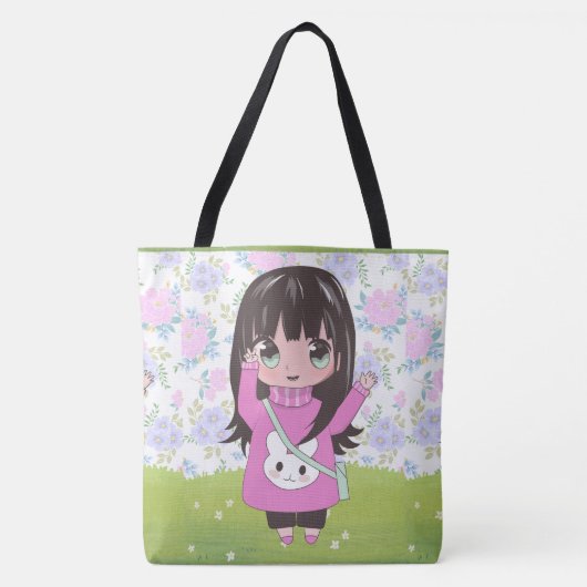 Anime meisje blij met bloemen tote bag (Voorkant)