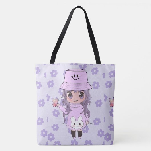 Anime meisje blij met bloemen tote bag (Voorkant)