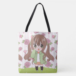Anime meisje blij met bloemen tote bag