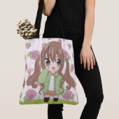 Anime meisje blij met bloemen tote bag (Dichtbij)