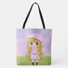 Anime meisje blij met bloemen tote bag