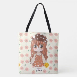 Anime meisje blij met bloemen tote bag
