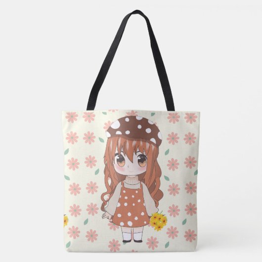 Anime meisje blij met bloemen tote bag (Voorkant)