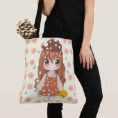 Anime meisje blij met bloemen tote bag (Dichtbij)