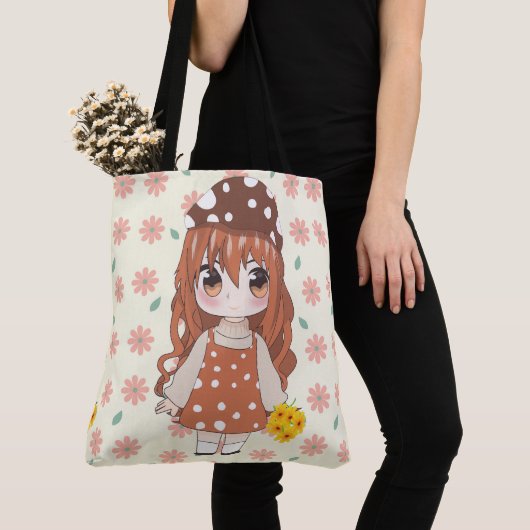 Anime meisje blij met bloemen tote bag (Dichtbij)