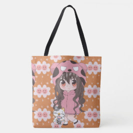 Anime meisje blij met bloemen tote bag
