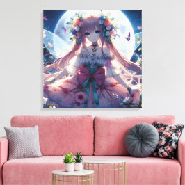 Anime Meisje Bloem Maan Fee Canvas Afdruk